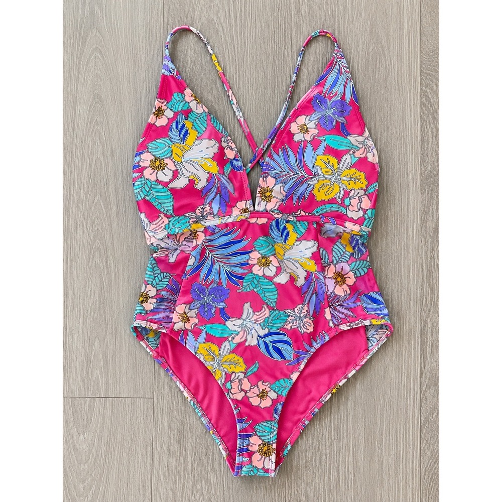 No Boundaries Girls Pink Tropical Floral One Piece Swimsuit Mesh Sides M 7-9